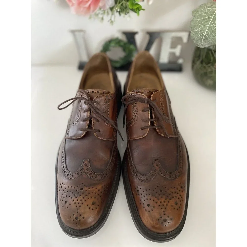 Johnston & Murphy Mens Wing Tip Oxford Shoes Distressed‎ Brown Sz 9M From Italy